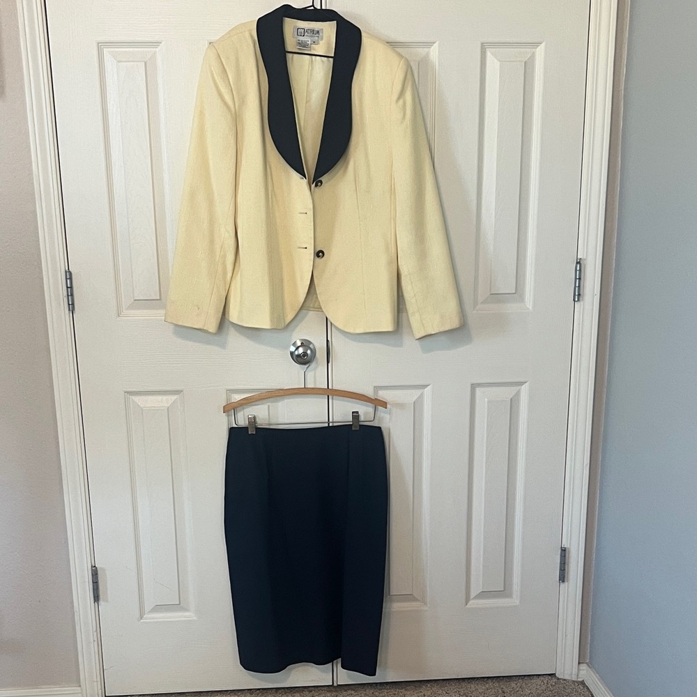 Elegant Yellow and Dark Blue Blazer Set with matching Dark Blue Skirt